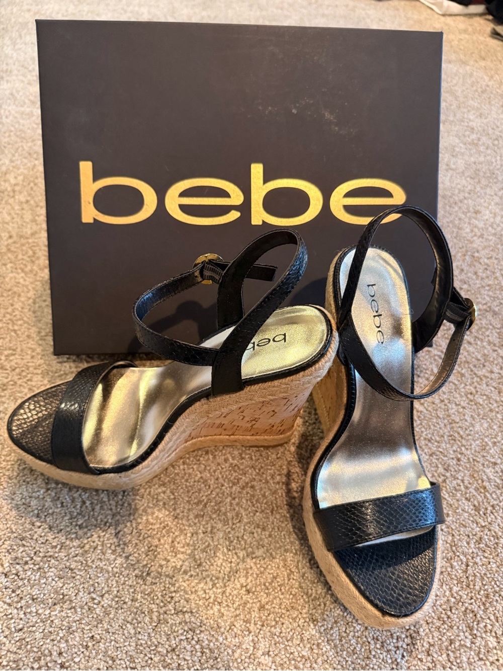 bebe Black Faux-Snakeskin Cork Wedge Sandals